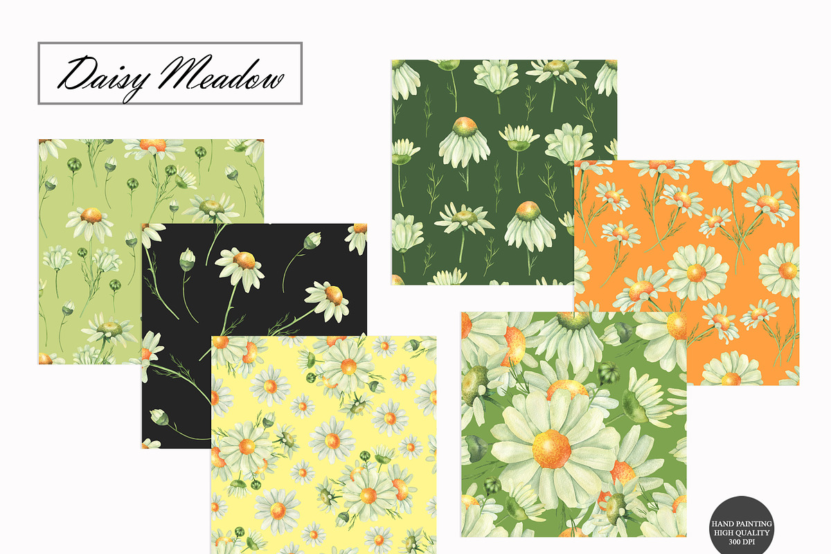 Watercolor Daisy Seamless Patterns, an Illustration by OlDm_Shop (Photo 2 of 10)