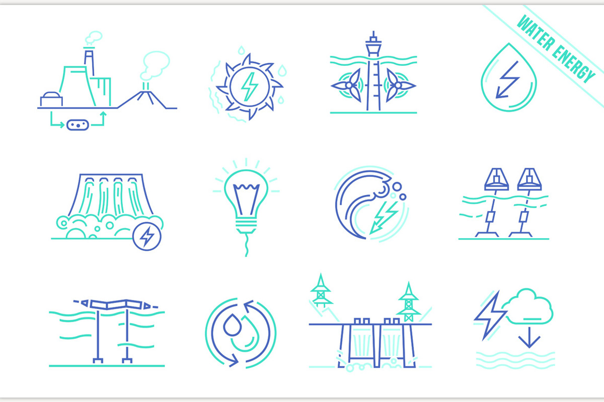 Water energy icons set. Blue pictogr, an Outline Icon by Anna's Shop