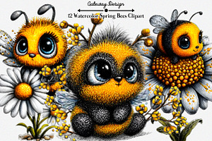 Watercolor Spring Bee Clipart, an Illustration by GatewayDesign