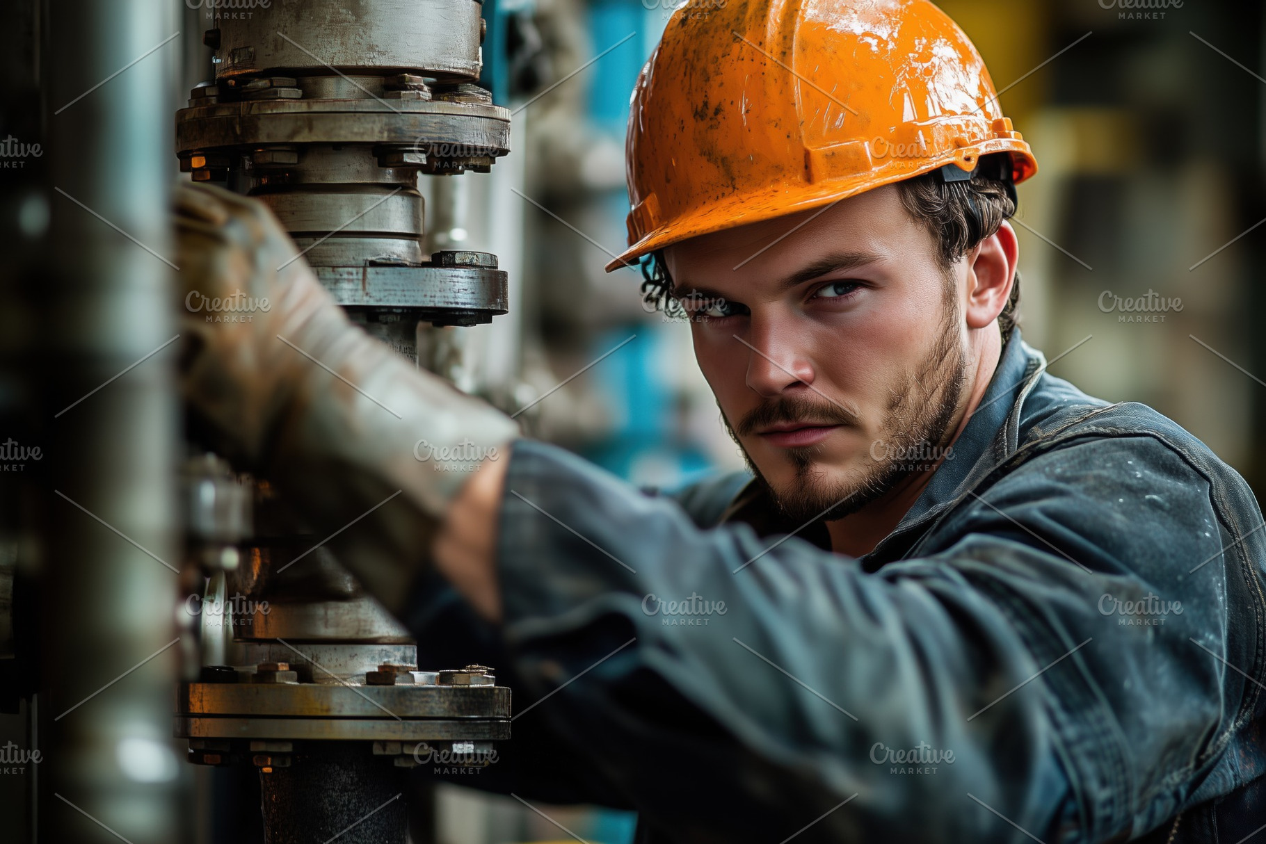 A focused male worker pump operator in an orange hard hat and gloves, adjusting, a Person Photo by Textures & Backgrounds