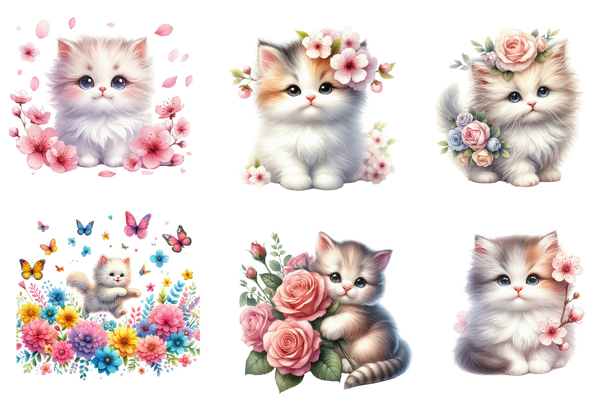 Watercolor Spring Cute Cat Clipart, an Illustration by Dream Creation (Photo 5 of 6)