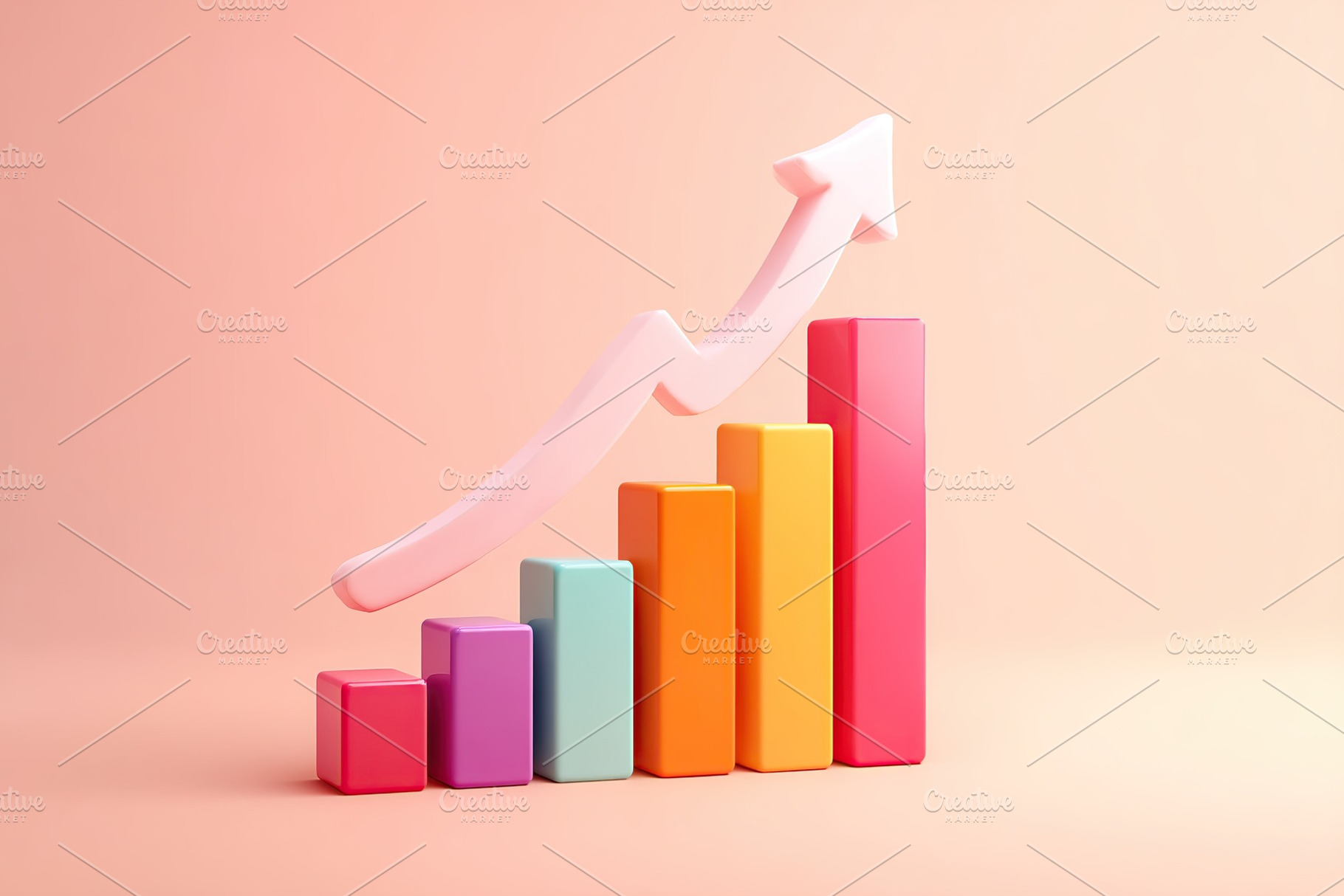 Growth in performance visualized with bars and an upward arrow on a pastel back, a Business Photo by AlyaAnd