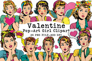 Valentine Pop-Art Girl Clipart, an Illustration by Libby Wishes