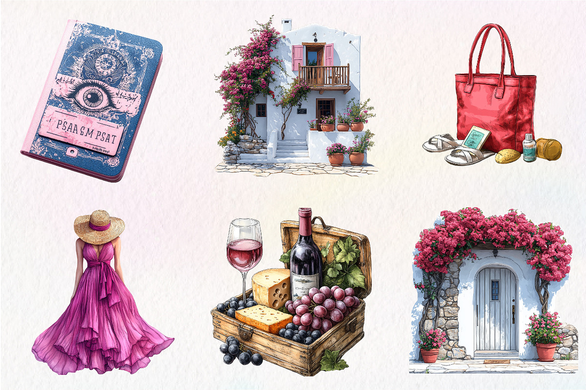Pink Summer Santorini Travel Clipart, an Illustration by CreationArt (Photo 9 of 9)