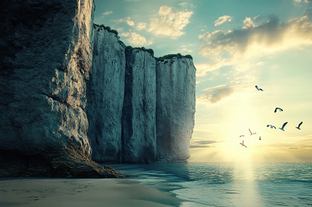Majestic cliffs rise above tranquil, a Photo by Tanuart