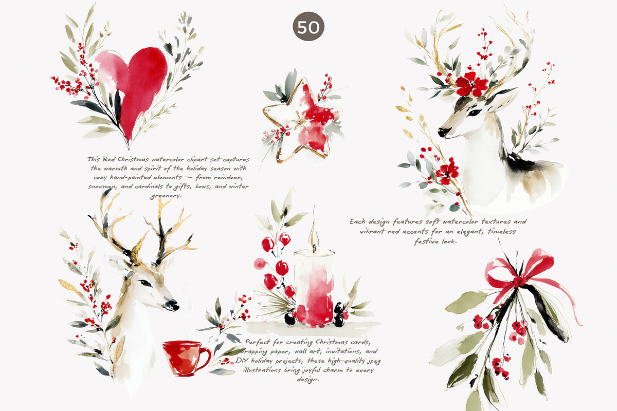 Festive red Christmas watercolor set, a Decorative Illustration by Patishop Art (Photo 7 of 9)
