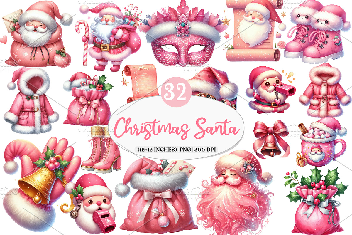 Pink Trendy Christmas Santa Png Bund, an Illustration by Watercolor design (Photo 1 of 4)