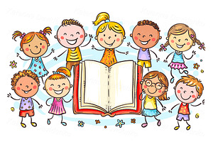 Happy children around open book, an Education Illustration by Bubert Art