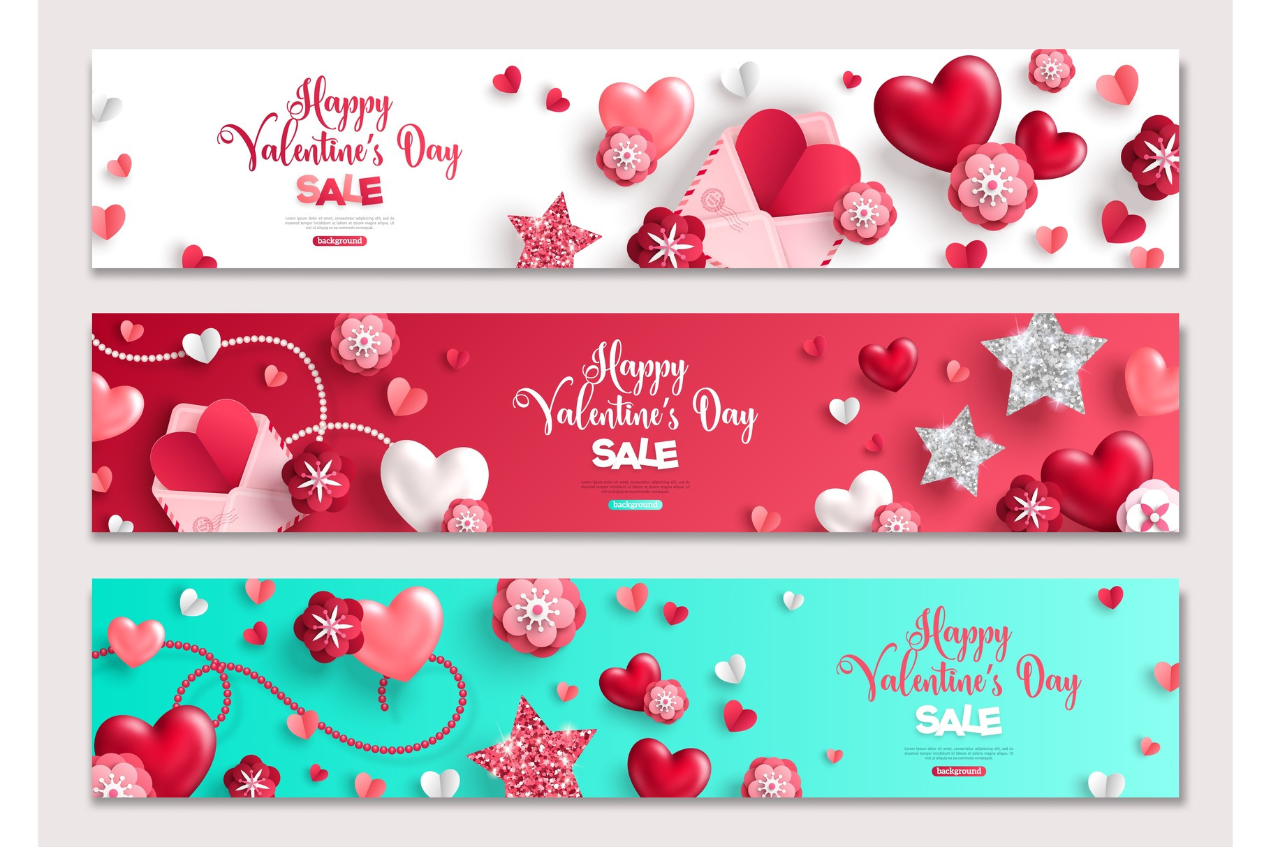 Valentines day horizontal banners, hearts and flowers, an Illustration ...