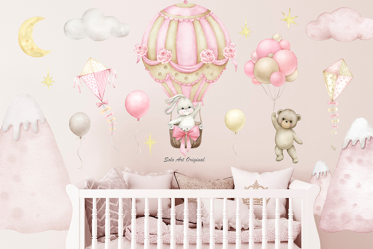 Teddy bear,bunny, hot air balloons., an Animal Illustration by Solo Art Original (Photo 6 of 8)