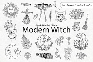 Black & White Modern Witch Clipart