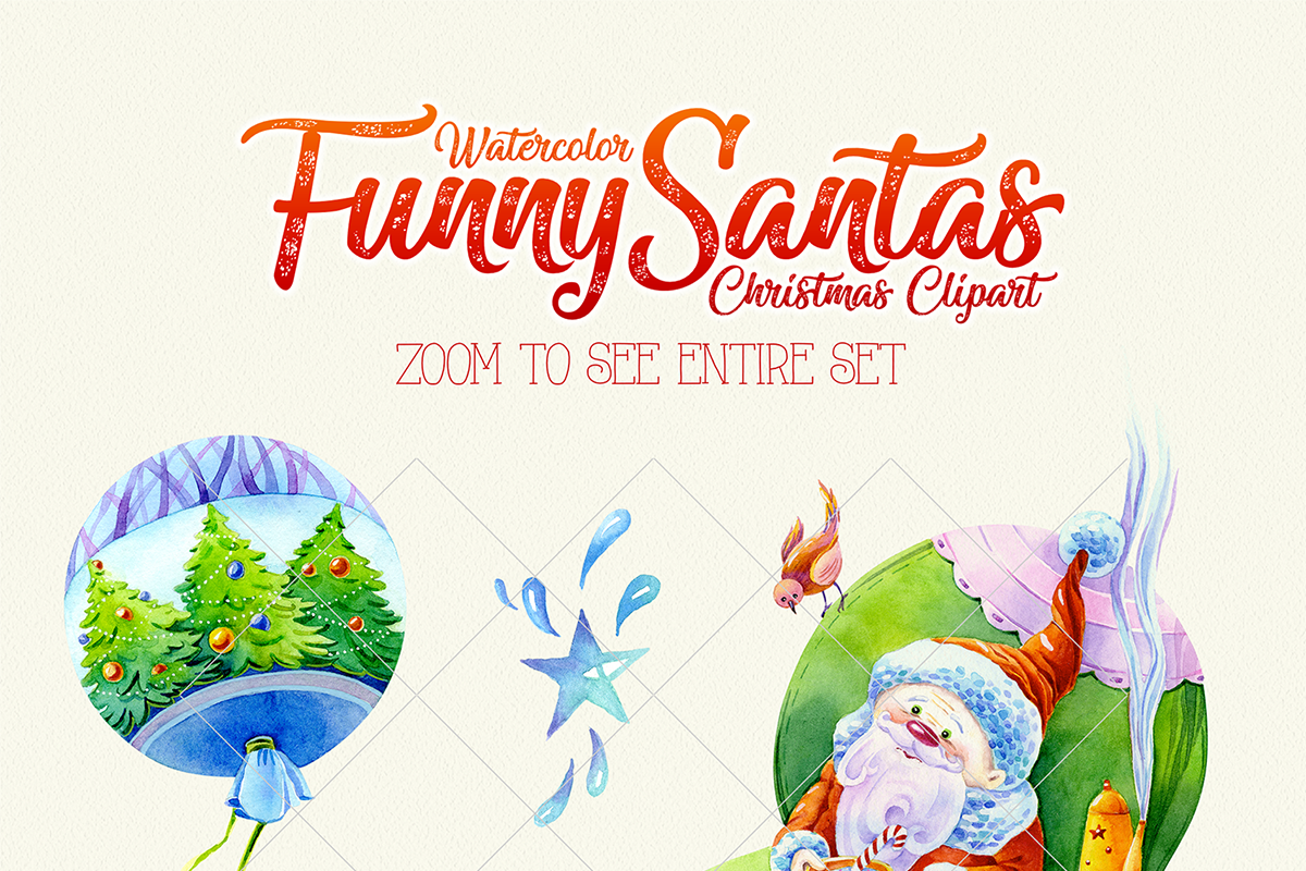 Funny Santas Clipart Watercolor, a Decorative Illustration by ElephantArts (Photo 2 of 10)