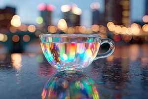 Colorful neon tea in a clear teacup reflecting city lights at sunset, a Food & Drink Photo by AlyaAnd