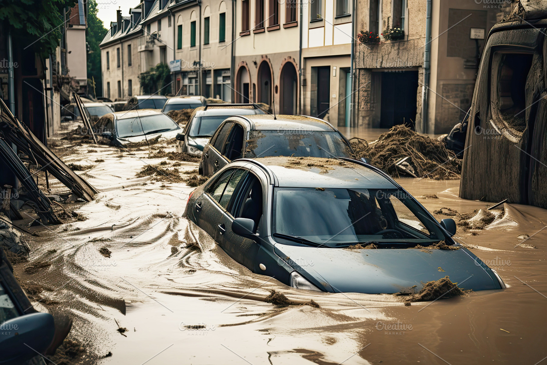 Flooding in an european country, with washed out street, destroyed furniture an, a Nature Photo by zakiroff
