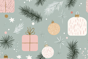 Festive christmas ornaments and gifts with pine branches, seamle, a Photo by Dvoevnore photos