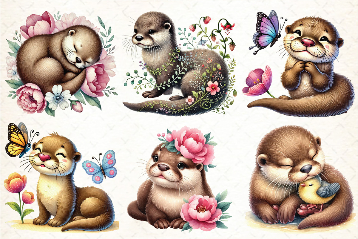 Watercolor Spring Otter Clipart, an Illustration by DreamCafeArt (Photo 3 of 3)