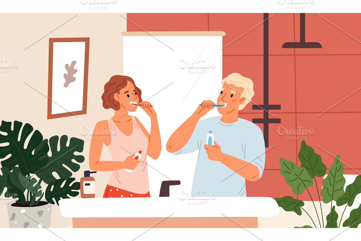 Young man and woman brush teeth in, a Person Illustration by Vectorbuum