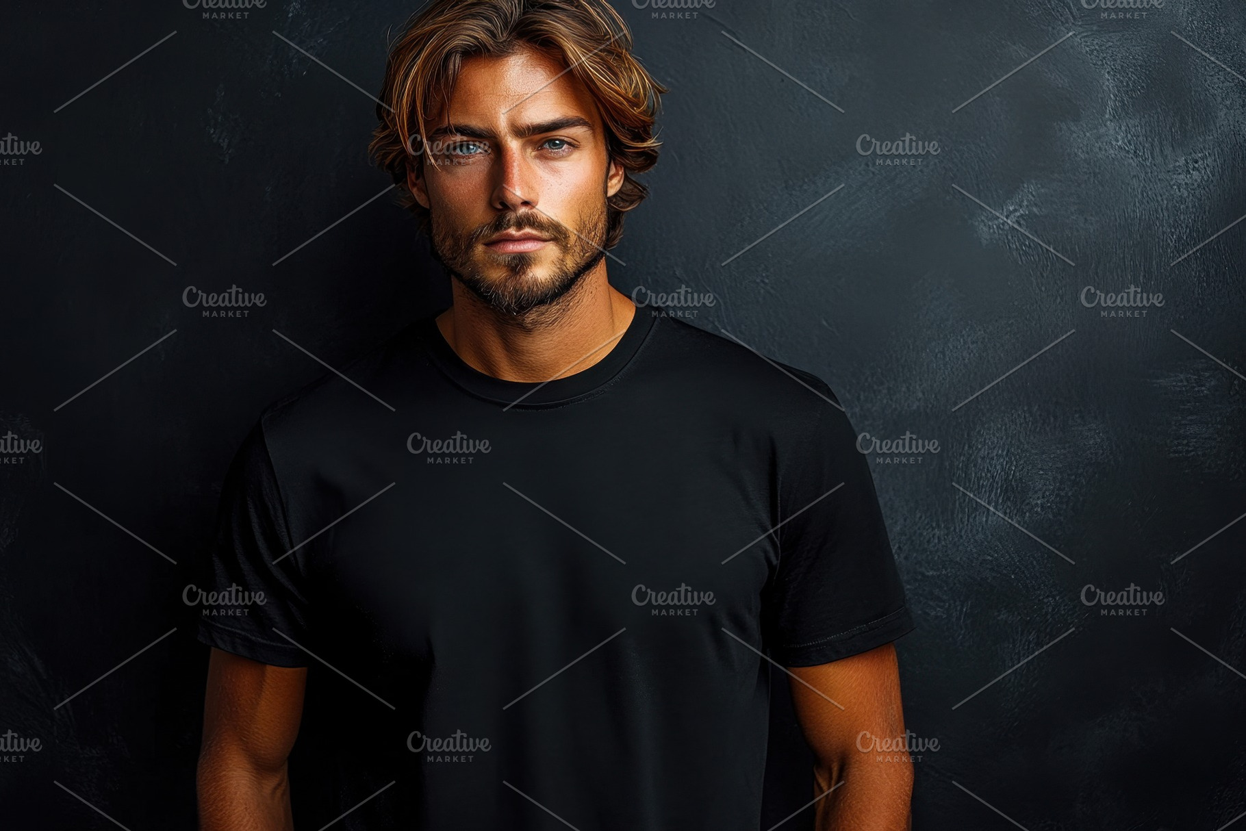 Young man in a black t-shirt poses c, a Photo by Tanuart