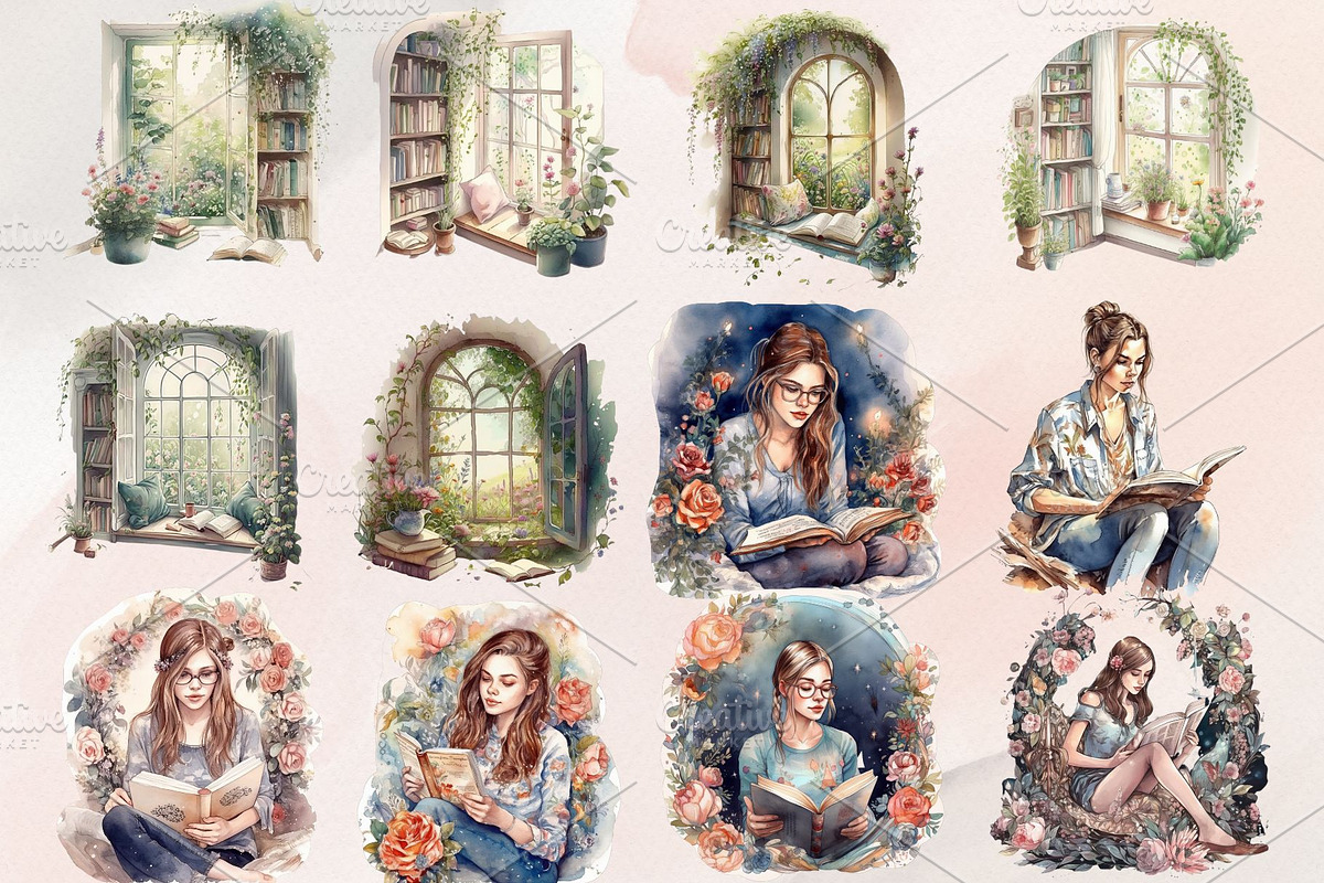 Cozy Reading Watercolor Clipart, an Illustration by Jalina Clipart Studio (Photo 3 of 8)
