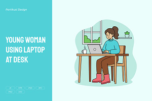 Young Woman Using Laptop at Desk, an Object Illustration by Partikusi Design