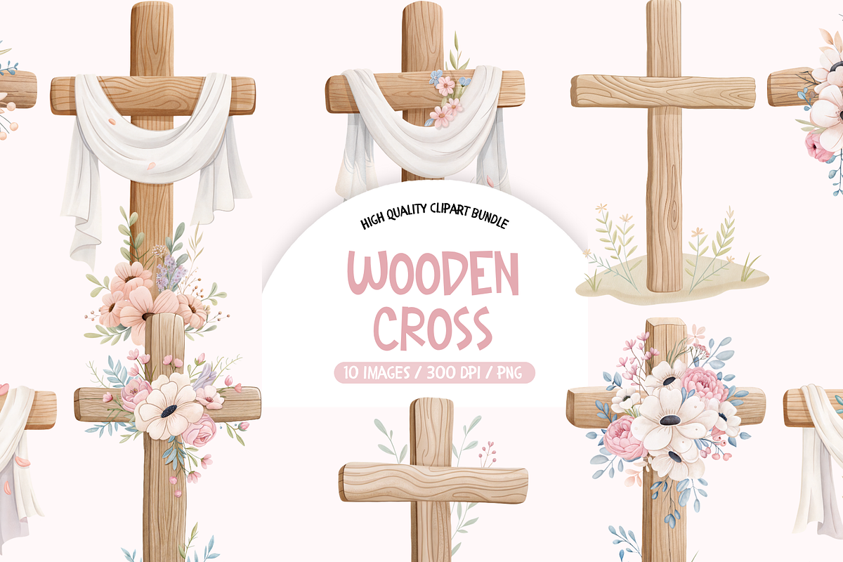 Cross And Flowers Watercolor Clipart, an Illustration by TatiMockup (Photo 1 of 3)