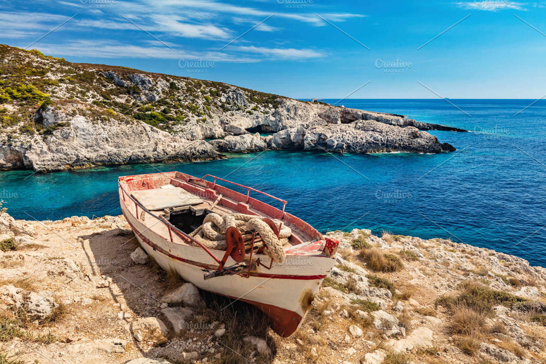 Fishing boat on cliff, Zakynthos., a Transportation Photo by Photocreo Michal Bednarek