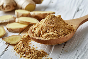 Ground dry ginger in wooden spoon on white wooden background, a Food & Drink Photo by AlyaAnd