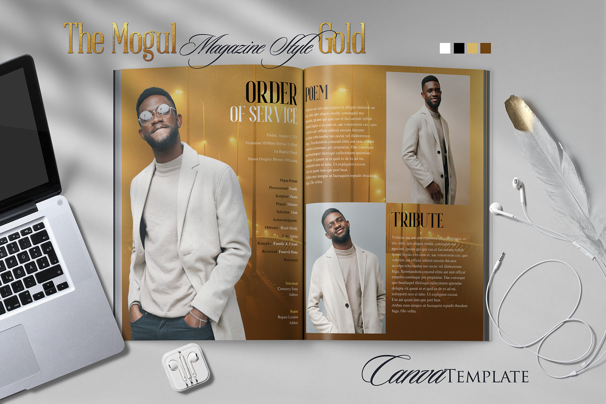 Gold Magazine Canva Funeral Program, a Brochure Template by Nate Bartlett Design (Photo 2 of 8)