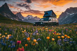 Rugged SUV parked among wildflowers, a Photo by Pavel_design