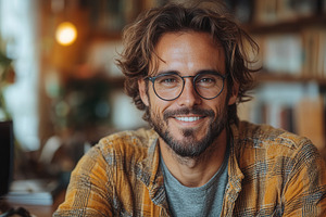 Smiling man with glasses sitting in, a Photo by Tanuart