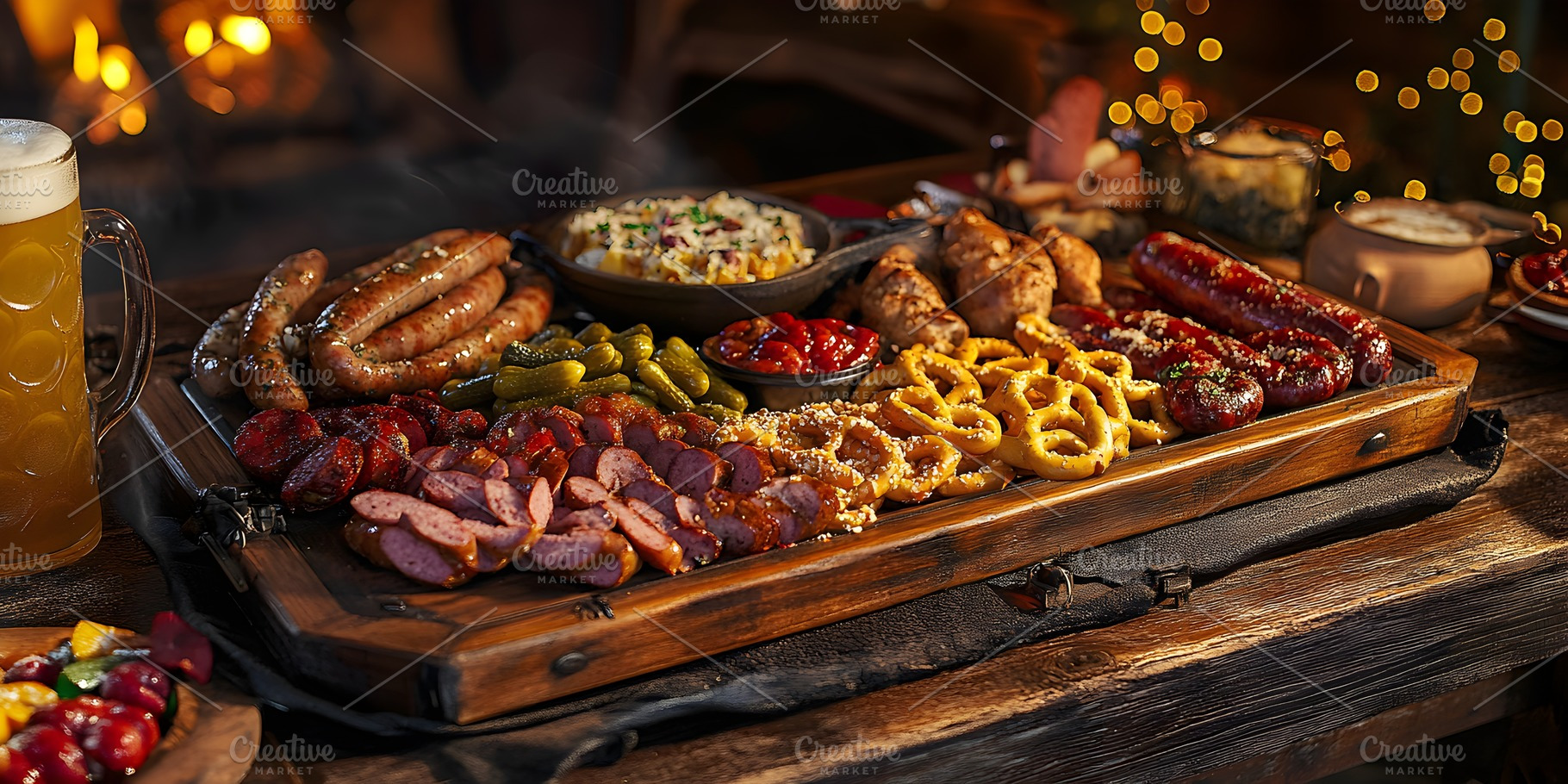Traditional german meat platter with sausages and pretzels, a Food & Drink Photo by Photostock