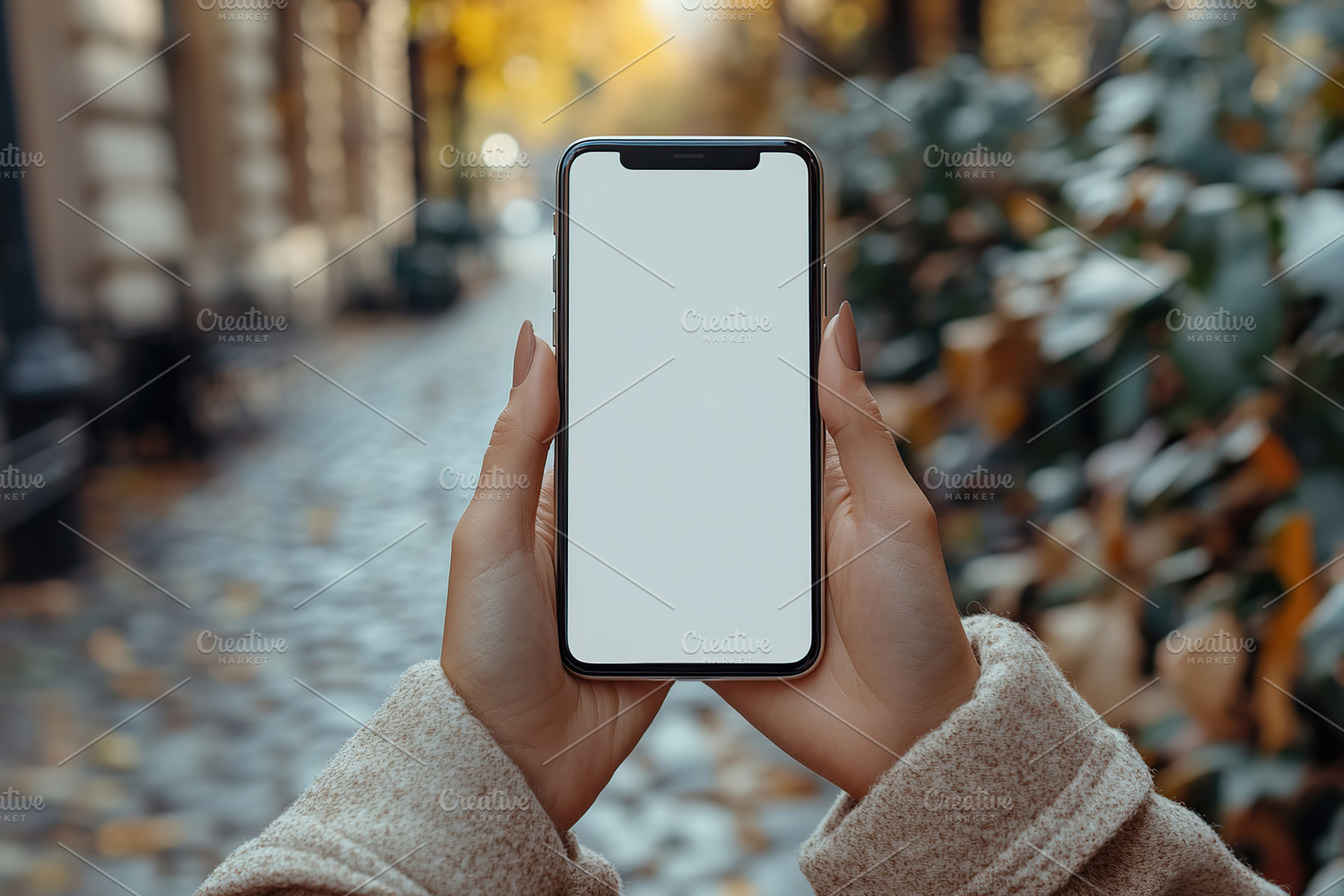 Hands with a smartphone among autumn leaves on the street, a Photo by AlyaAnd