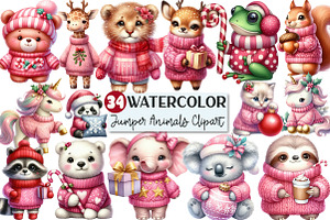 Pink Jumper Animals Christmas Clipar, an Animal Illustration by Rose Art