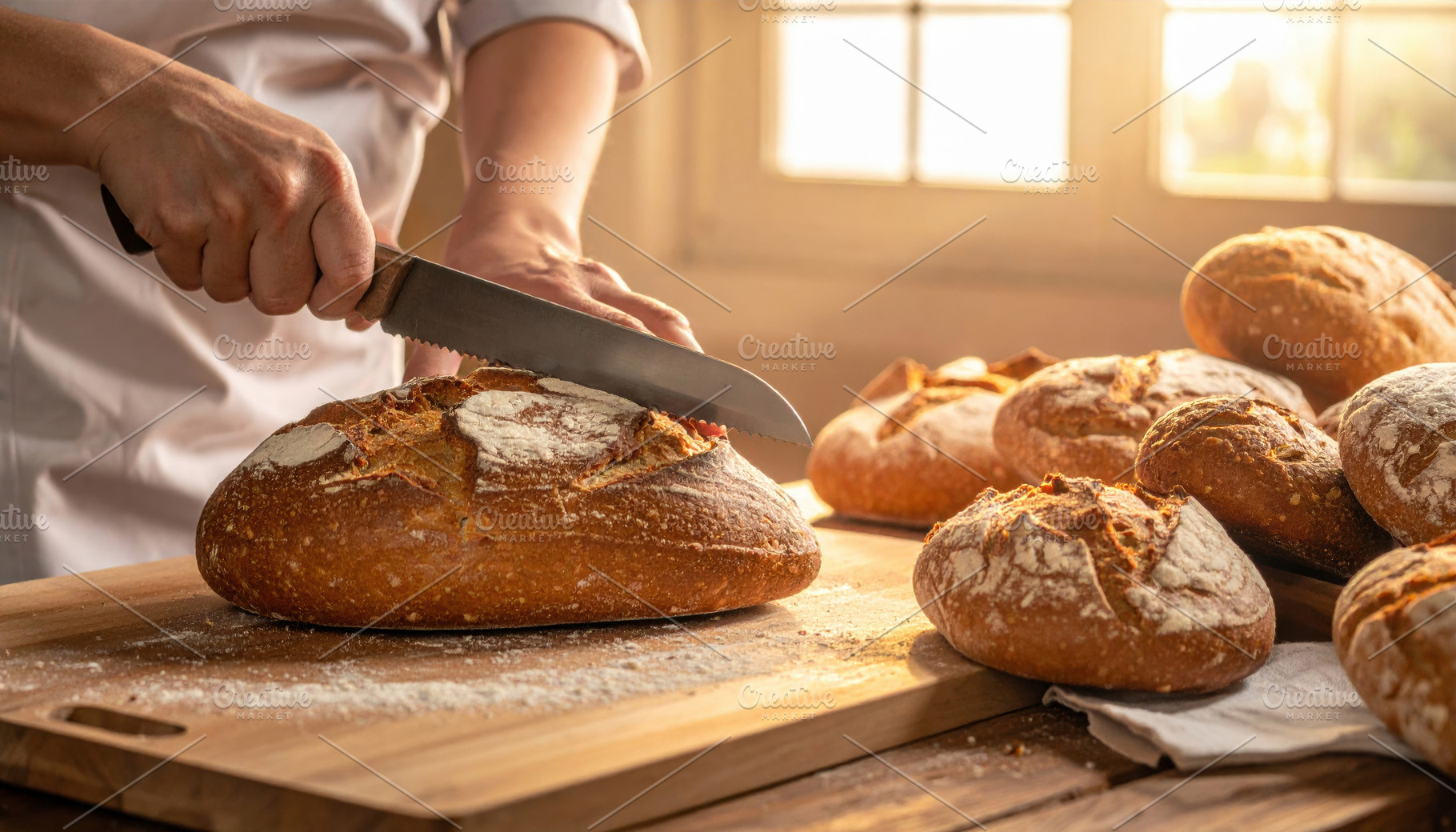 Cutting Fresh Artisan Sourdough on Wooden Board, a Food & Drink Photo by Davizro's Market