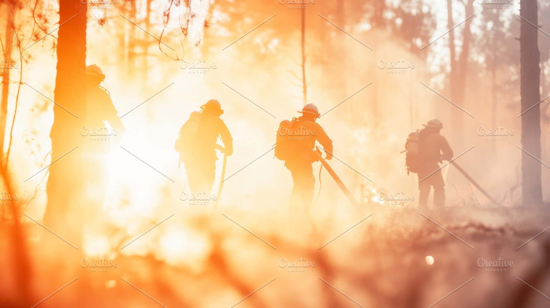 Firefighters walking through forest in early morning light, atmo, a Photo by Dvoevnore photos