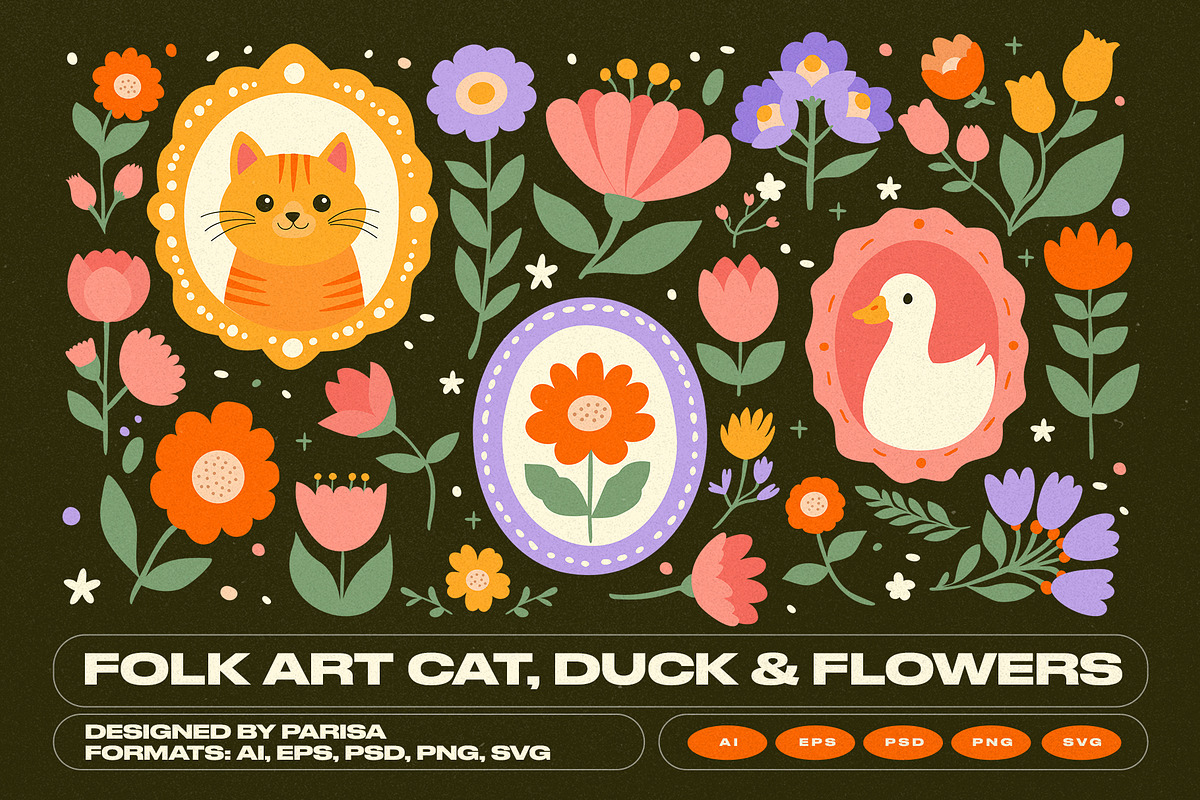 Folk Art Cat, Duck & Flowers, an Animal Illustration by Parisa-Artstudio (Photo 1 of 8)