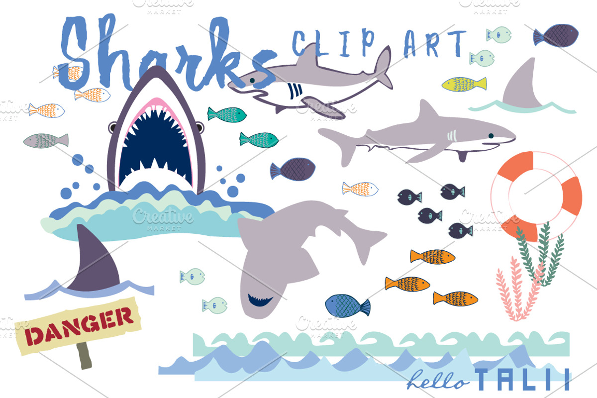 Sharks Clip Art, a Decorative Illustration by Hello Talii