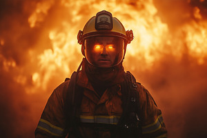 A determined male firefighter stands heroically against a backdrop of flames, s, a Person Photo by ImageMir