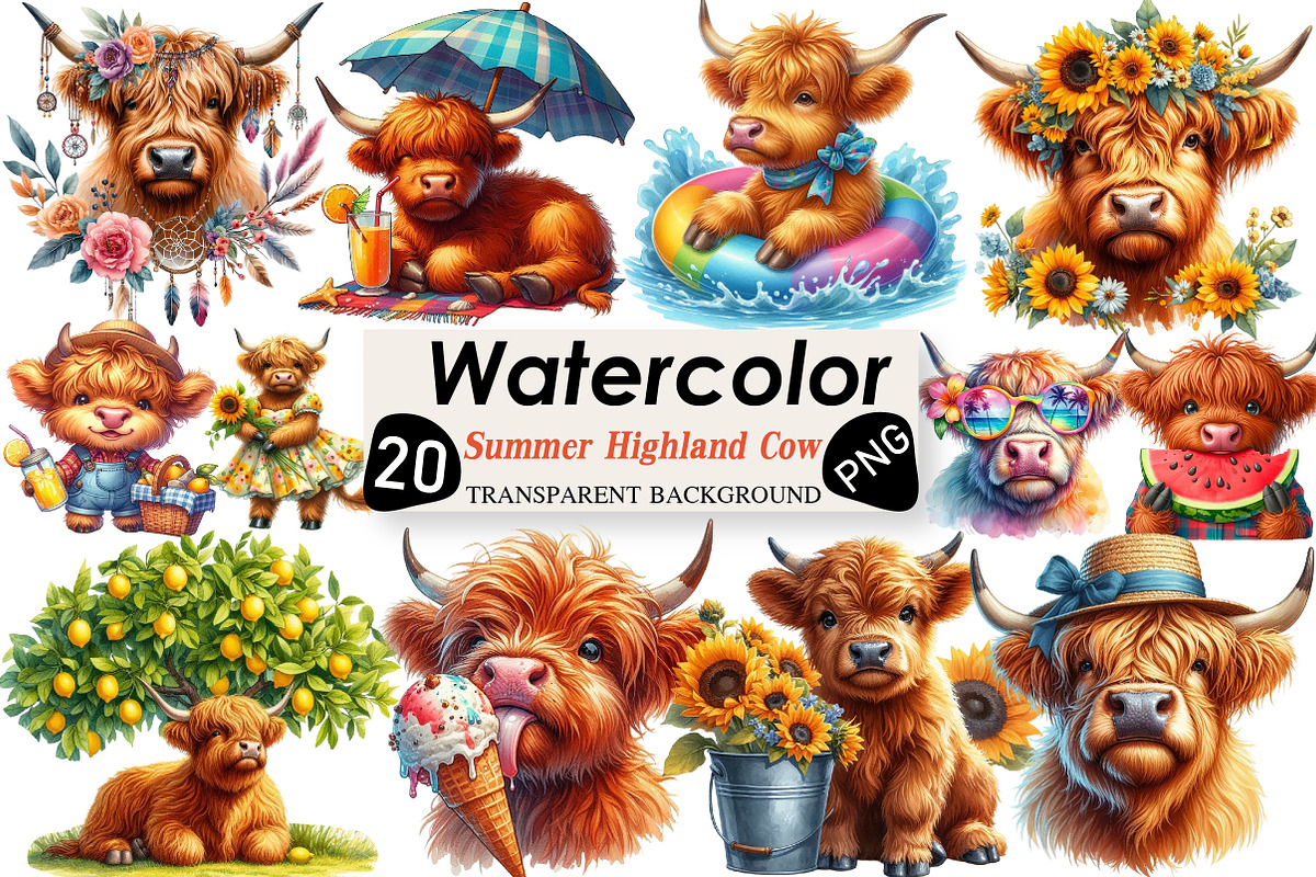 Highland Cow Summer Watercolor Clipa, an Illustration by Black Bird Studio (Photo 1 of 4)