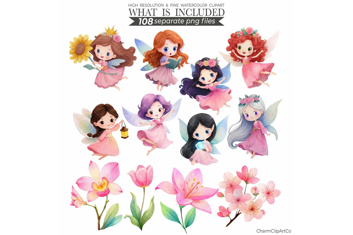 Watercolor Pink Fairy Clipart Bundle, an Illustration by CharmClipart (Photo 4 of 9)