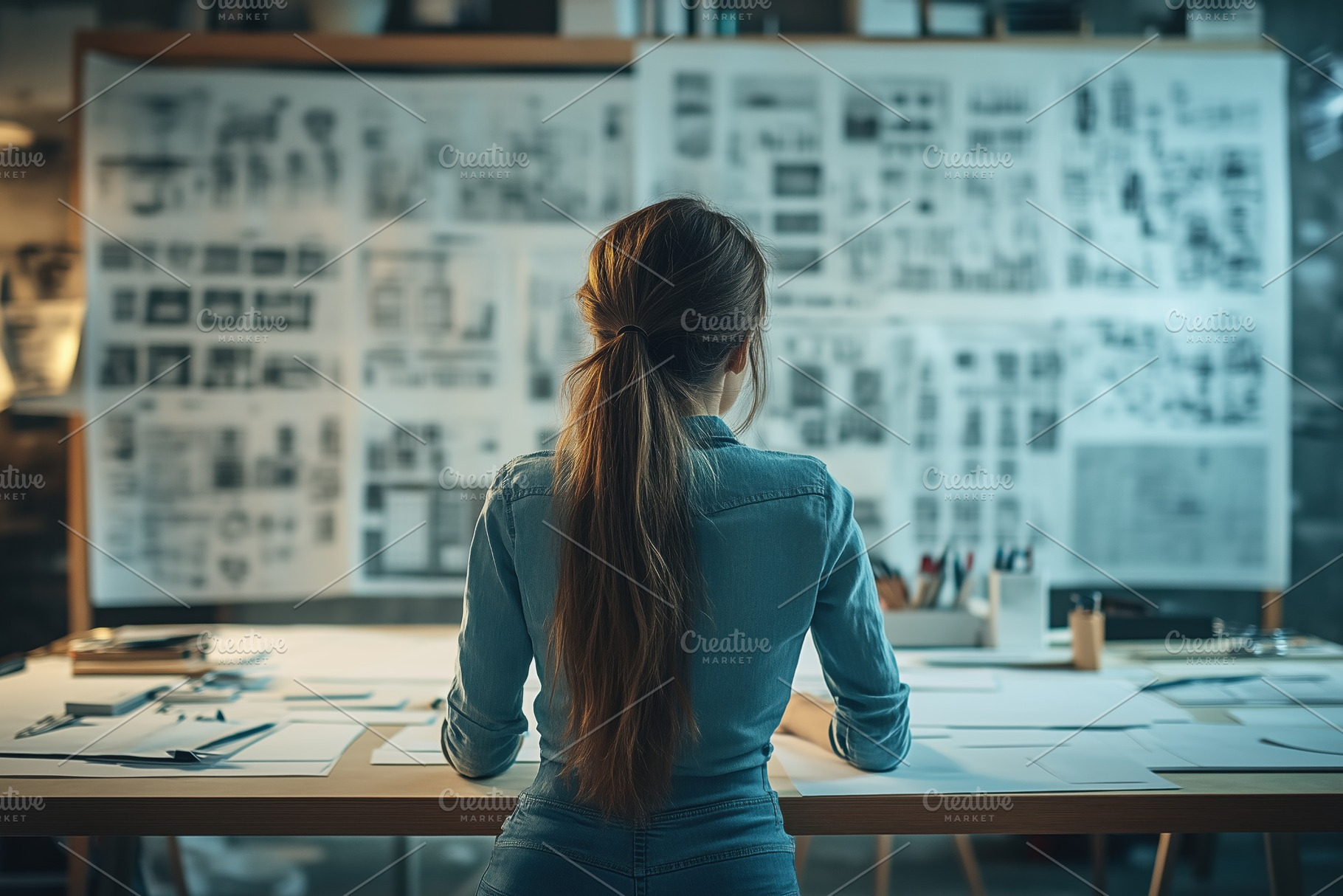 A industrial designer woman with long hair sits at a table covered with papers,, a Person Photo by Textures & Backgrounds