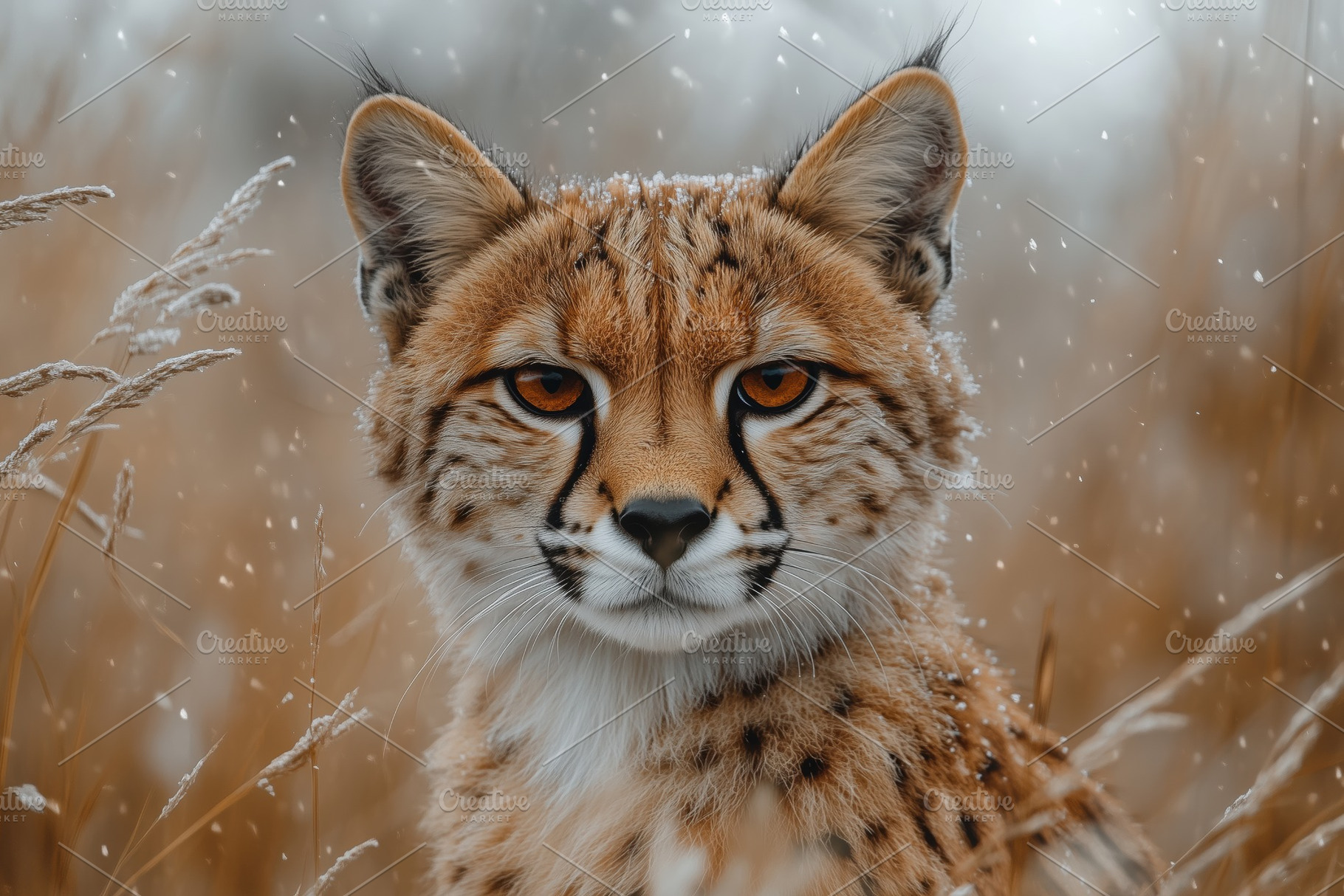 A close-up portrait of a lynx in a snowy landscape, showcasing its distinctive, an Animal Photo by Textures & Backgrounds