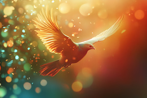 A vibrant, ethereal image of a bird in flight, surrounded by a colorful bokeh b, an Animal Photo by Textures & Backgrounds