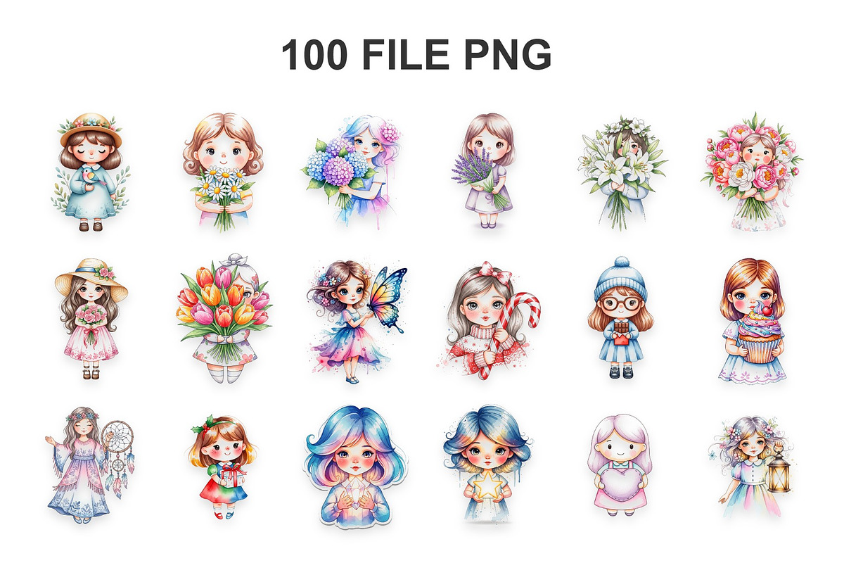 Asset Watercolor Cute Girl Child, a Decorative Illustration by Eka Design (Photo 2 of 5)