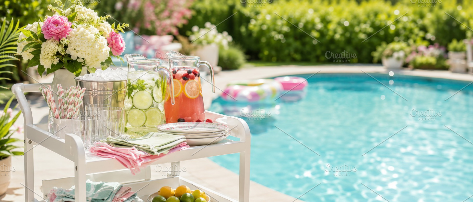 Summer pool party drinks setup near, a Photo by Dvoevnore photos