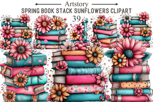 Spring Book Stack Sunflowers Clipart, an Illustration by designcity5