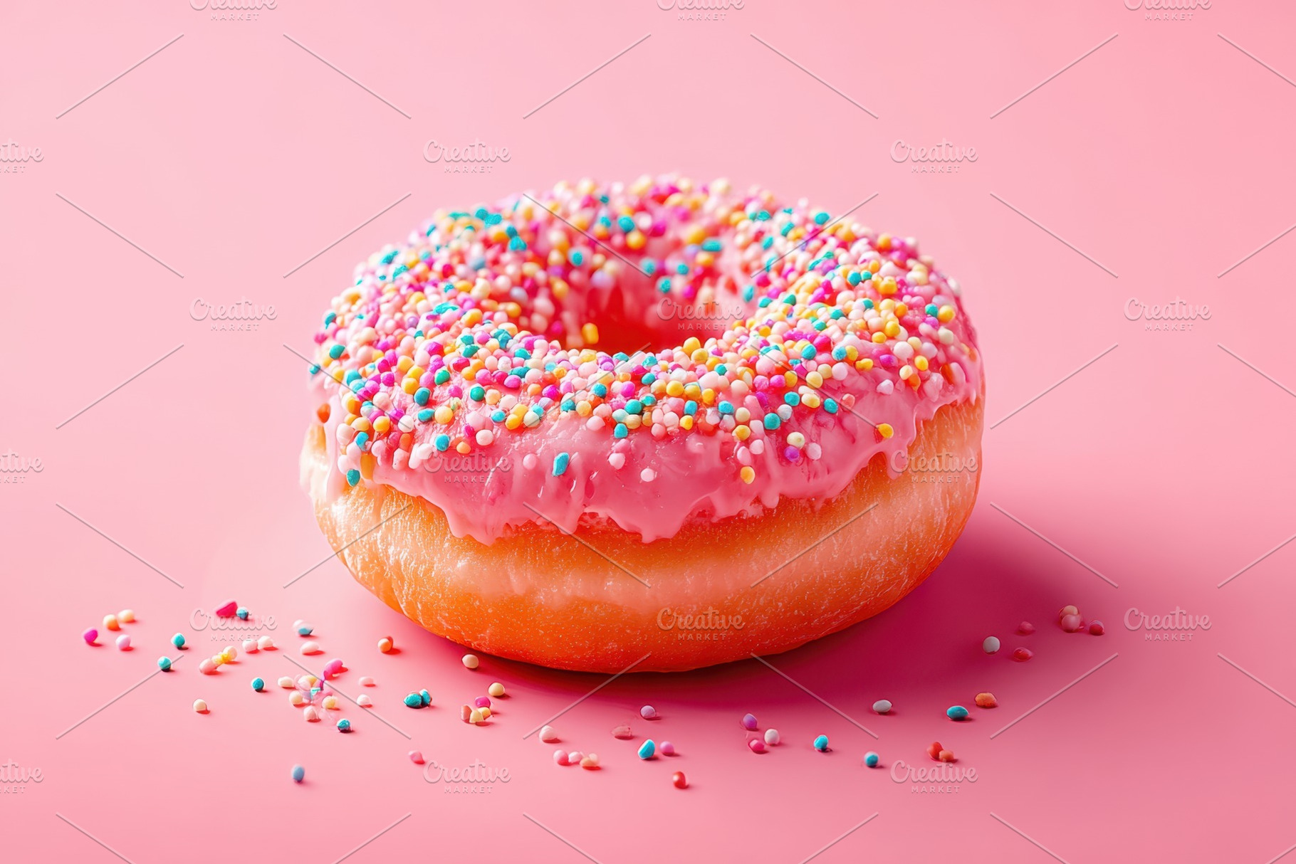 Colorful pink frosted donut with sprinkles, a Food & Drink Photo by AlyaAnd