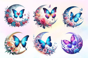 Butterfly And Flower Moon Clipart