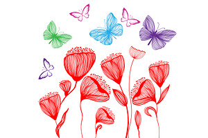 Line Red Flowers With Butterflies