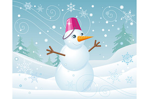 Snowman In Pink Bucket On Christmas